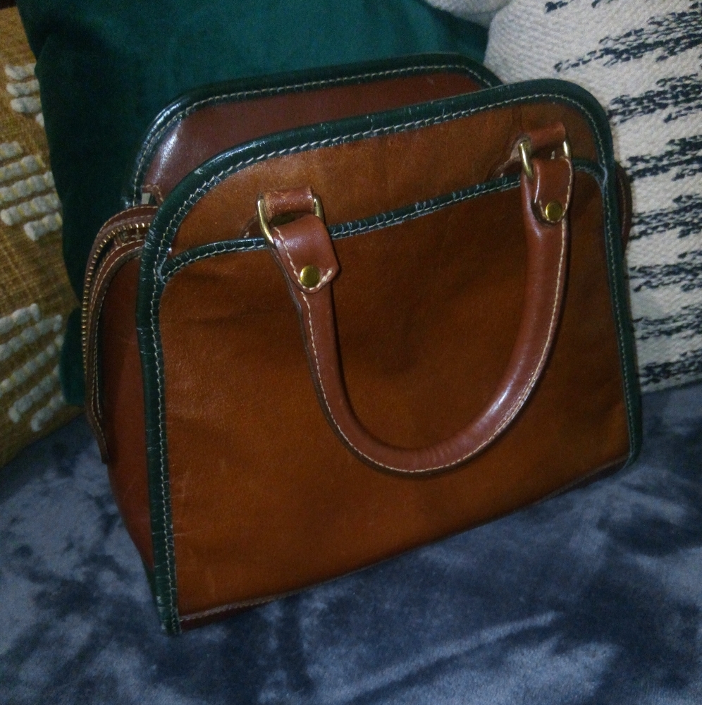 Brahmin Mini Bowler Leather Top Handle Satchel in Cognac Brown with Green Trim - Picture 2 of 14